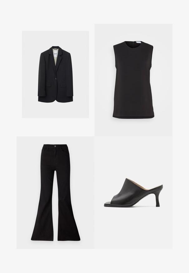 Čierny jednoklapkový blejzer s výrezmi na klopách, dvoma prednými vreckami s chlopňou a náprsné vrecko na svetlom pozadí.; Calvin Klein STRUCTURE SLEEVELESS - Top - black; Čierne rozšírené džínsy z denimu, s vysokým pásom, prednými vreckami a veľkým otvorom na okrajoch pre široký strih nohavíc.; Selected ASHLEY - Šľapky na opätku - black