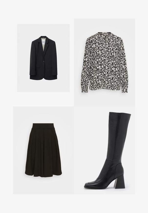 Zwarte blazer met één knoop, met inkeping revers, twee voorzakken met klep en een borstpaspelzak op een lichte achtergrond.; Esprit TIE - Longsleeve - ice; Zwarte geplooide rok met een brede, elastische tailleband. Gemaakt van een zacht materiaal, met een knielange zoom en een gladde textuur.; Zwarte leren laars tot de knie met een vierkante neus, een gladde textuur, een taps toelopend ontwerp en een stevige blokhak. Voorzien van stiksels.