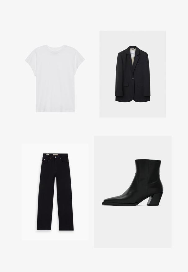 Blazer noir à un bouton avec revers crantés, deux poches avant à rabat et une poche poitrine passepoilée sur fond clair.; T-shirt blanc à manches courtes, col rond, coupe décontractée, en tissu de coton doux. Texture lisse, sans motifs ni logos.; Jean en denim noir avec une coupe droite, cinq poches, matériel en cuivre et texture lisse. Deux étiquettes visibles sur la taille.; Bottine en cuir noir avec un bout pointu, une silhouette élégante et un talon carré massif. Texture lisse avec des détails de couture minimalistes.