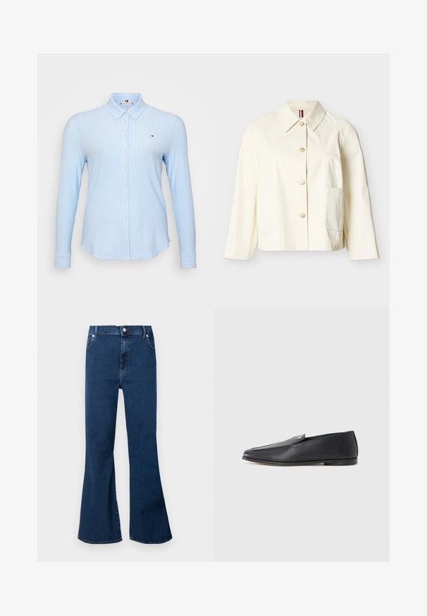 Off-white langærmet jakke med krave, fire knapper foran og to store påsatte lommer.; Lyseblå langærmet skjorte med lodrette hvide striber, knaplukning, klassisk krave og et lille logo på brystet.; Mørkeblå jeans med høj talje og vidt udstående ben, forreste knaplukning og lommer, vist mod en lys baggrund.; Sorte læderloafers med en glat tekstur, rundet tå og subtile syningsdetaljer. Har en guldfarvet logoaccent på oversiden.