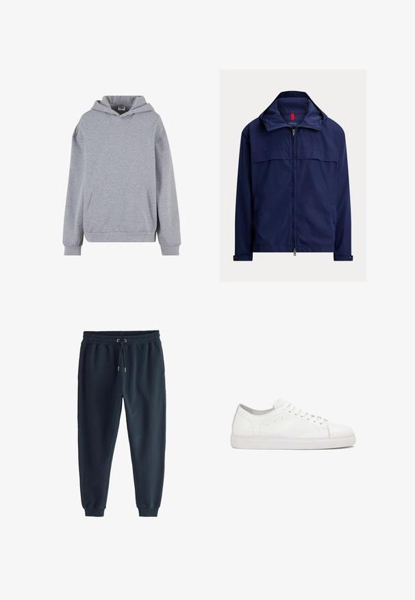 Tumesinine kerge lukuga jakk kõrge kaelusega, nööbitavate mansettidega ja küljetaskutega, Polo Ralph Laureni logo rinnal.; Helehall halli pullover kapuutsiga, pikkade varrukatega, eesmine kängurutasku ja soonikkoes mansettidega valgel taustal.; Tumesinised vabaaja püksid elastse vöörihma, reguleeritava nöörkinnituse, küljetaskute ja varrukakääristega.; Valged nahast tossud, millel on sile tekstuur, ümar varvas, paeltesüsteem ja tagasihoidlikud õmbluse aktsendid tasase kummitald.