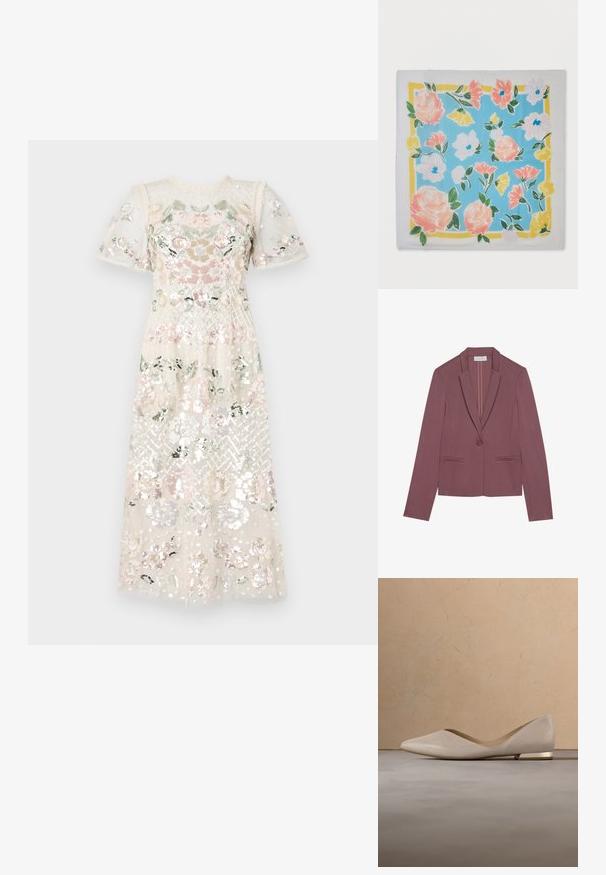 Anna Field Blazer - mottled light pink; Jurk met een doorschijnende, glinsterende stof met bloemenn borduursel in pastelkleuren. Korte puffmouwen en een ronde halslijn. Midi-lengte.; Beige platte schoen met puntige neus die boven een gestructureerd beige kleed zweeft, met een ronde houten salontafel en gestapelde boeken op de achtergrond.; Vierkante sjaal met een blauwe midden en een witte rand, versierd met roze, gele en witte bloemen met groene bladeren en een geel binnenframe.