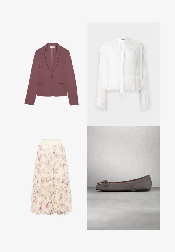 Anna Field by Zalando Blazer - mottled light pink; Hvid, langærmet bluse i letvægtigt stof. Har en volang-krave og manchetter, med et bindebånd foran. Kroppet design.; zero MIT BLUMENPRINT - A-snit nederdel - cream pink; Grå ruskind balletflade sko med en rundet tå, et knyttet reb-detalje og en subtil kontrastkant langs kanten. Flad, fleksibel sål.