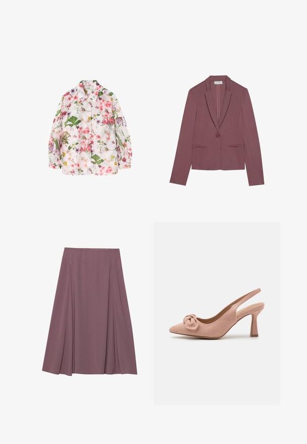 Anna Field by Zalando Σακάκι - mottled light pink; Πουκάμισο με λουλουδάτο σχέδιο σε ανοιχτό ροζ φόντο, με πράσινα φύλλα και διάφορα πολύχρωμα λουλούδια. Σχεδίαση με κουμπιά, μακριά μανίκια.; Μια φούστα μέχρι το γόνατο σε ήπιο μωβ χρώμα, κατασκευασμένη από ελαφρύ ύφασμα με πτυχώσεις και λεία υφή. Χωρίς ορατά κλείσιμο.; Ροζ σουέιν slingback γόβες με μυτερή μύτη, κόμπο στο επάνω μέρος και μεσαίο ψηλό τακούνι. Λείος υφασμάτινος χαρακτήρας και κομψός σχεδιασμός.