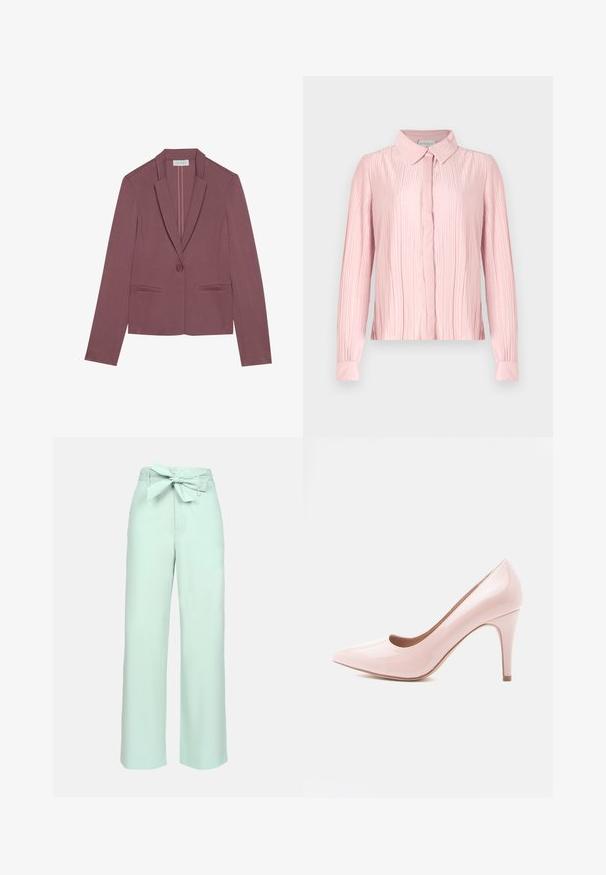 Anna Field by Zalando Blazer - mottled light pink; Rosa langærmet bluse med kravehals, der har en plisseret tekstur og knaplukning foran. Glat stof med kontrasterende manchetter.; Lyse mintgrønne vide bukser lavet af et blødt, tekstureret stof. Har en høj talje med en bundet sløjfedetalje.; Pink laklæder højhælet sko med spids tå og tynd hæl. Glat tekstur med en blank finish. Ingen synlige accenter eller mønstre.