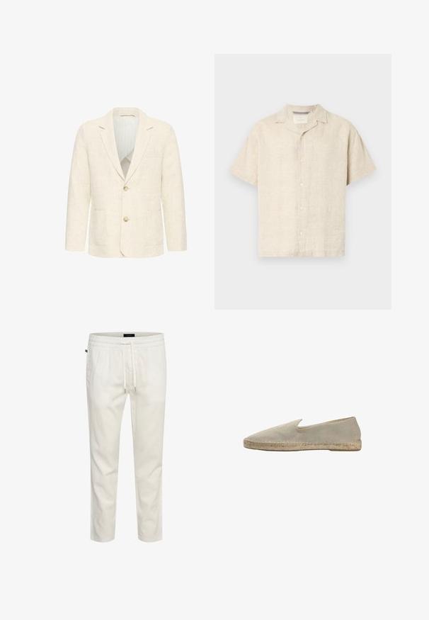 Herreblazer i cremefarve med to brune knapper, notch revers, forlommer og en stribet inderforing.; Lys beige kortærmet skjorte med knapper lavet af hør, med en camp krave, rene linjer og subtil tekstur, med fem forreste knapper.; Hvide, letvægts bomulds-joggers med elastisk talje, snor i taljen og en afslappet pasform. Glat tekstur uden mønstre eller accenter.; Beige slip-on espadrille med fiskebensmønster stofoverdel og flettet jutesål, sidevisning på hvid baggrund.