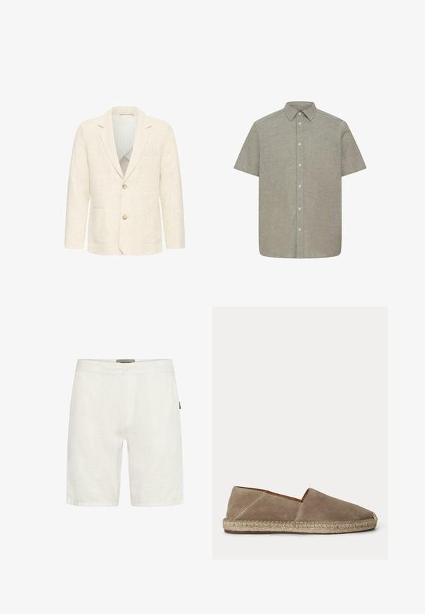 Blazer pour homme couleur crème avec deux boutons marron, revers crantés, poches avant et doublure intérieure rayée.; Chemise à manches courtes, gris clair, boutonnée, avec un col pointu, présentée à plat sur un fond blanc uni.; Shorts en lin de couleur claire avec une coupe droite, dotés de poches latérales et d'une ceinture cousue. Comprend une petite étiquette de marque sur le côté.; Chaussure espadrille en daim beige avec semelle en jute tressée et bout fermé arrondi, vue de côté sur un fond uni.