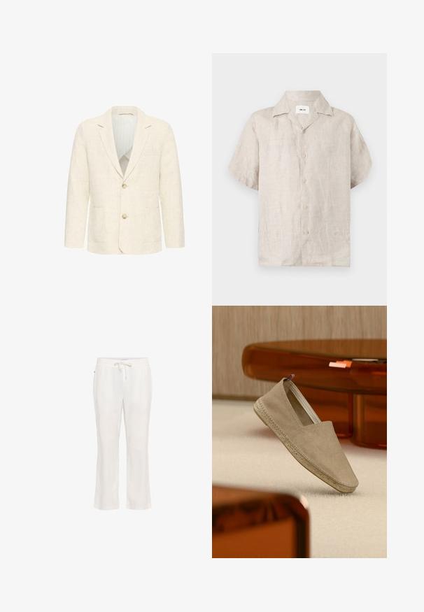 Herreblazer i cremefarve med to brune knapper, notch revers, forlommer og en stribet inderforing.; Beige kortærmet linnedskjorte med krave og knapper foran, med en synlig hvid label inde i kraven med teksten "NN.07".; Lettere, hvide linnedbukser med elastisk talje og snorbindning. Lige ben-design med en glat tekstur og uden bemærkelsesværdige mønstre.; Beige lærredsespadrille med vævet sål og lille trikolor hælflig, placeret på et lyst tæppe med ravfarvet møblement i baggrunden.