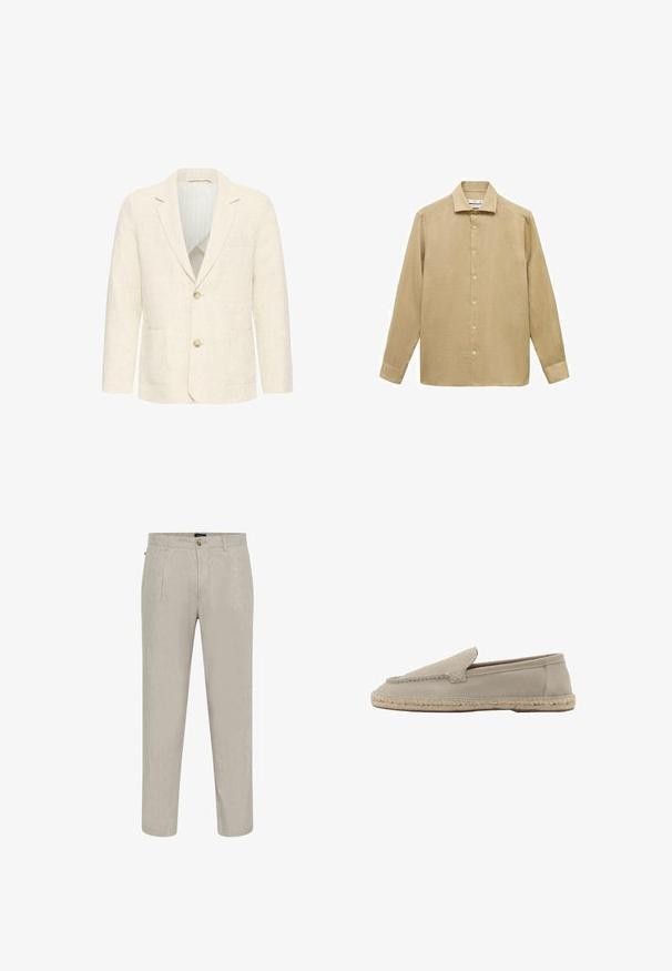 Herreblazer i cremefarve med to brune knapper, notch revers, forlommer og en stribet inderforing.; Lysbrun linned skjorte med knapp-down krave, lange ærmer, frontknapper og en glat tekstur. Enkel, klassisk design.; Beige linnedragtbukser med struktureret overflade, der har en lige ben-design, to frontlommer og en knaplukning ved taljen.; Beige ruskind slip-on loafer med vævet jute sål, syningsdetaljer langs overkanter, flad hæl og rundet tå.