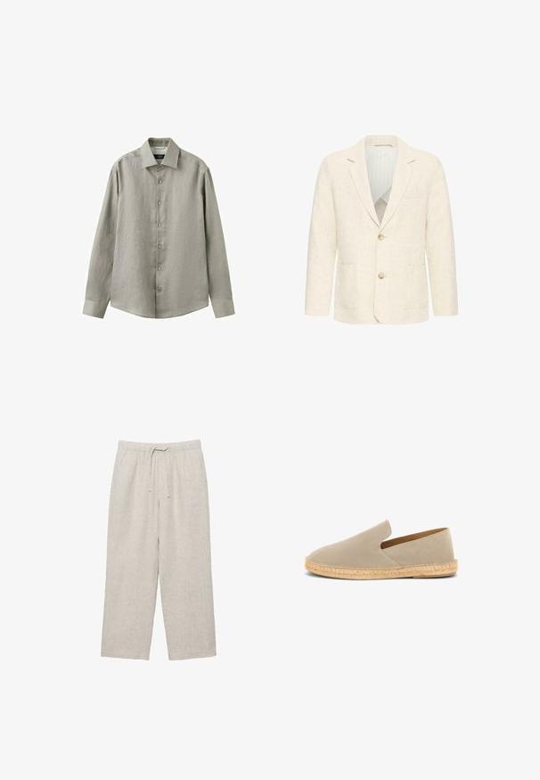 Blazer pour homme couleur crème avec deux boutons marron, revers crantés, poches avant et doublure intérieure rayée.; Chemise à manches longues gris clair avec col, patte de boutonnage frontale et poignets boutonnés, présentée sur un fond blanc.; Pantalon en lin beige clair avec taille élastique et cordon de serrage, coupe droite et poches latérales.; Espadrille beige en daim à enfiler avec semelle enveloppée de jute et petit talon, vue latérale sur fond blanc.
