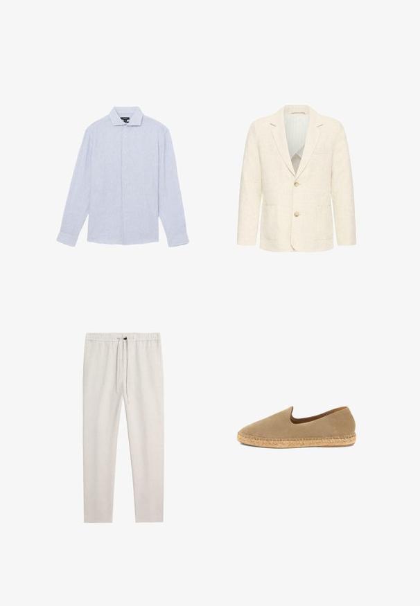 Herreblazer i cremefarve med to brune knapper, notch revers, forlommer og en stribet inderforing.; Lyseblå skjorte med lange ærmer med knapper og tynde hvide lodrette striber samt klassisk krave, lagt fladt mod en hvid baggrund.; Lysebeige afslappede bukser med elastisk talje og snøre, lige ben og sidelommer, vist på hvid baggrund.; Beige espadrillesko med lærredsoverdel og flettet jutesål, vist i profil mod hvid baggrund.