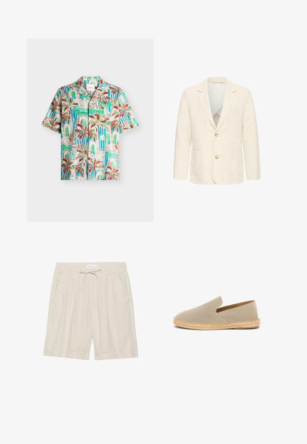 Blazer pour homme couleur crème avec deux boutons marron, revers crantés, poches avant et doublure intérieure rayée.; Chemise à manches courtes boutonnée avec imprimé palmiers tropicaux et arcade en tons verts, bleus, rouges et beiges sur un fond clair.; Shorts en lin beige avec taille élastique, cordon de serrage et poches latérales. Coupe décontractée avec jambe droite et ourlet retourné.; Espadrille beige en daim à enfiler avec semelle enveloppée de jute et petit talon, vue latérale sur fond blanc.