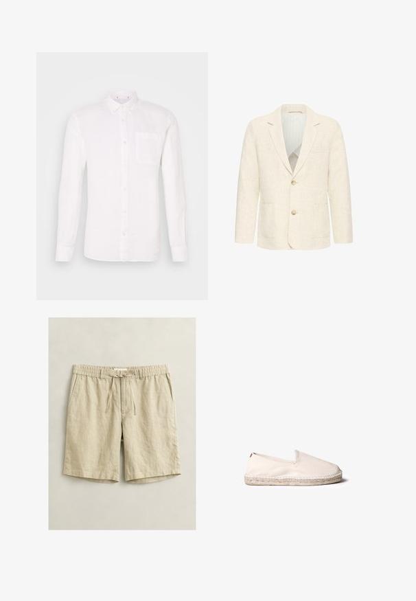 Blazer para hombre de color crema con dos botones marrones, solapas con muesca, bolsillos delanteros y forro interior a rayas.; Camisa de lino blanca de manga larga con cuello abotonado, un solo bolsillo en el pecho y corte recto. Textura suave, diseño minimalista.; Pantalones cortos casuales de color beige hasta la rodilla con cintura elástica, cordón ajustable, cierre de botón y bolsillos laterales, colocados planos sobre un fondo claro.; Espadrille de color beige claro con parte superior de lona, apertura elástica y suela de yute natural. Presenta una superficie texturizada y un diseño minimalista.