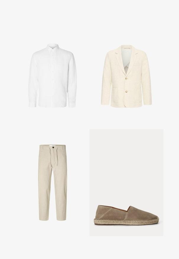 Blazer para hombre de color crema con dos botones marrones, solapas con muesca, bolsillos delanteros y forro interior a rayas.; Camisa blanca de manga larga hecha de lino, con cuello abotonado, botones en el frente y un ajuste relajado con puños rectos.; Selected Slim Tapered Linen Blend - Pantalones - vetiver; Zapato espadrille de ante beige con suela de yute trenzado y puntera cerrada y redondeada, mostrado de lado sobre un fondo liso.