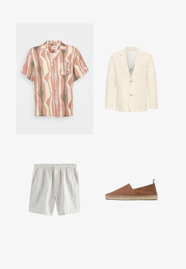 Herreblazer i cremefarve med to brune knapper, notch revers, forlommer og en stribet inderforing.; Kortærmet button-up skjorte med et lyserødt, beige og grønt zigzag mønster; inkluderer en enkelt brystlomme og hvide knapper.; Lyse beige afslappede shorts med elastisk talje og snøre, med sidelommer og subtil lodret stribet tekstur.; Brun canvas slip-on espadrille med flettet jutesål og rød, hvid, blå trækflap ved hælen, vist fra ydersiden.