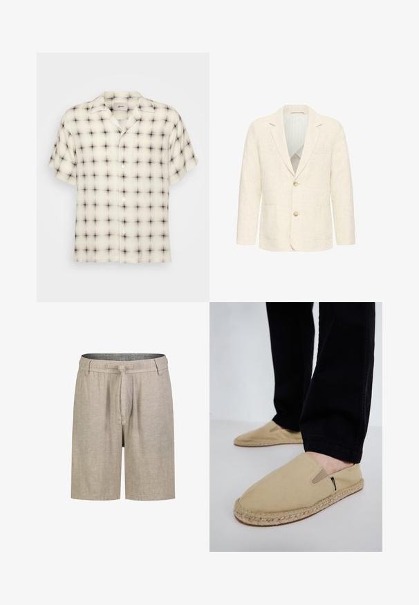 Cremefarbener Herrenblazer mit zwei braunen Knöpfen, Notch-Revers, Vordertaschen und gestreiftem Innenfutter.; Kurzarm-Hemd mit Knopfleiste in hellem Creme mit einem schwarz-grauen Karomuster, ausgestattet mit einem Camp-Kragen und einer einzelnen Brusttasche.; Beige knielange Freizeithosen mit elastischem Bund, Gürtelschlaufen und einem vorderen Stoffkordelzug.; Beige Leinenschaftsschuhe mit elastischen Einsätzen, Jute-Seilsohle und kontrastierenden Nähten. Tragen mit schwarzen, schmal zulaufenden Hosen.