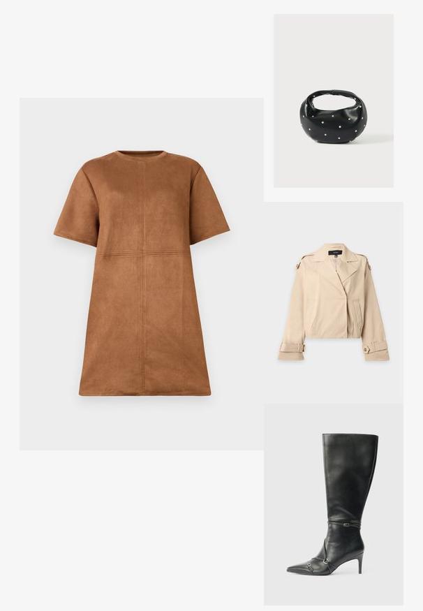 Beiger kurzer Trenchcoat mit weitem Revers, geknöpften Schulterriemen und verstellbaren, geknöpften Manschetten, flach auf weißem Hintergrund ausgelegt.; Braunes Wildleder-Kleid mit kurzen Ärmeln und Rundhalsausschnitt, mit vertikalen und horizontalen Nahtdetails auf der Vorderseite.; Schwarze kniehohe Lederstiefel mit schlankem Absatz, spitz zulaufender Spitze und Riemendetails am Knöchel. Glatte Textur und eng anliegendes Design.; Schwarze Lederhandtasche mit abgerundeter Form, verziert mit silbernen Nietenakzenten und kurzem Griff. Glatte Struktur und Reißverschlussverschluss.