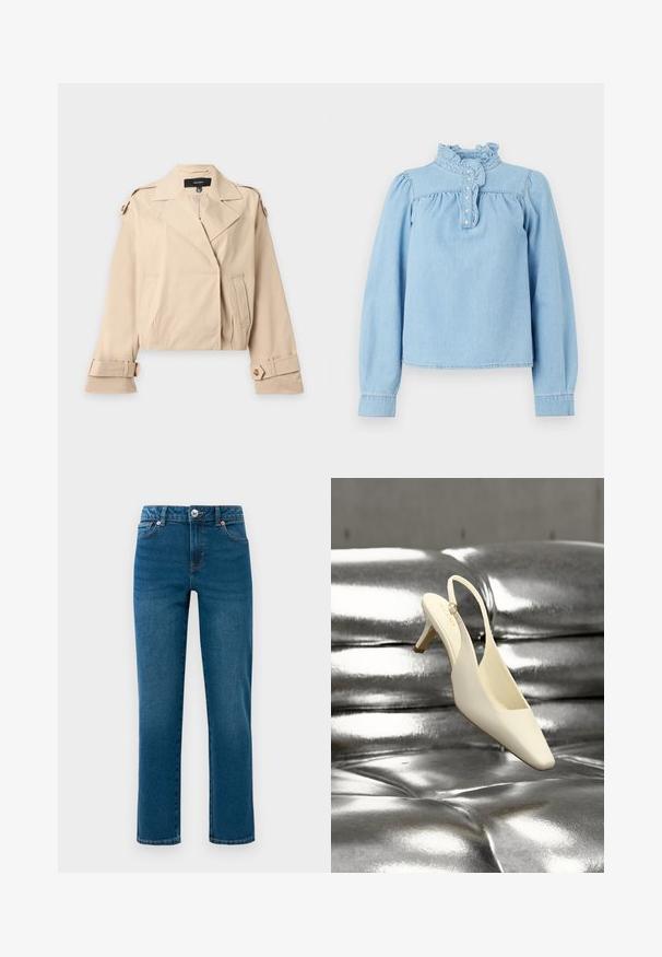 Gabardina corta beige con solapas anchas, tirantes con botones en los hombros y puños abotonados ajustables, extendida sobre un fondo blanco.; Blusa de mezclilla azul claro con un cuello con volantes, botonera en la parte frontal y mangas largas abullonadas. Textura suave con detalles fruncidos.; Jeans de denim rectos azules con cinco bolsillos, cierre de botón y cremallera, y pasadores para cinturón, exhibidos sobre fondo blanco.; Zapato de tacón bajo tipo kitten slingback color crema con punta cuadrada, descansando sobre una superficie de cuero plateado acolchada y brillante.
