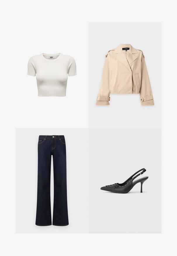 Beige korte trenchcoat met brede revers, met knopen vastgemaakte schouderriemen en verstelbare met knopen gesloten manchetten, plat gelegd op een witte achtergrond.; Crèmekleurige korte mouwen geribbelde crop top met ronde hals en JDY merklabel binnenin de kraag, weergegeven op witte achtergrond.; Donkerblauwe denim jeans met wijde pijpen, voorzakken, knoop- en ritssluiting, en zichtbare contrasterende stiksels.; Zwarte leren slingback stiletto met spitse neus, zijgesp met gesp, studs langs de rand en decoratieve veters aan de voorkant.
