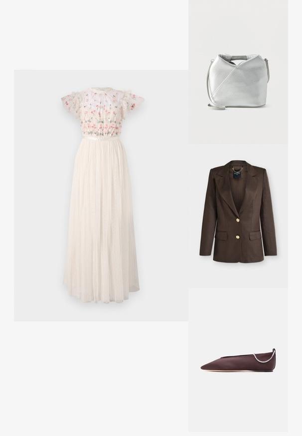 Blazer marron foncé ajusté avec larges revers, deux boutons dorés, poches à rabat et détail chaîne visible à l’intérieur du col.; Robe maxi blanche avec un corsage brodé de fleurs, des manches bouffantes et une jupe en tulle texturé à plusieurs couches, ornée de pois.; Chaussure plate marron foncé à bout pointu avec un petit talon et un détail chaîne en strass argentée à l'arrière.; Sac à main en cuir métallique argenté avec poignée coudée et longue bandoulière amovible sur fond blanc uni.