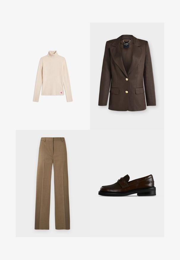 Blazer marron foncé ajusté avec larges revers, deux boutons dorés, poches à rabat et détail chaîne visible à l’intérieur du col.; Pull beige côtelé à col roulé manches longues avec un petit patch logo près de l'ourlet inférieur sur fond blanc.; Pantalon droit marron sur mesure avec passants de ceinture et pli devant sur fond gris clair.; Mocassin en cuir marron foncé avec une semelle noire et un petit talon, avec une bride cousue avec un détail métallique sur le dessus.