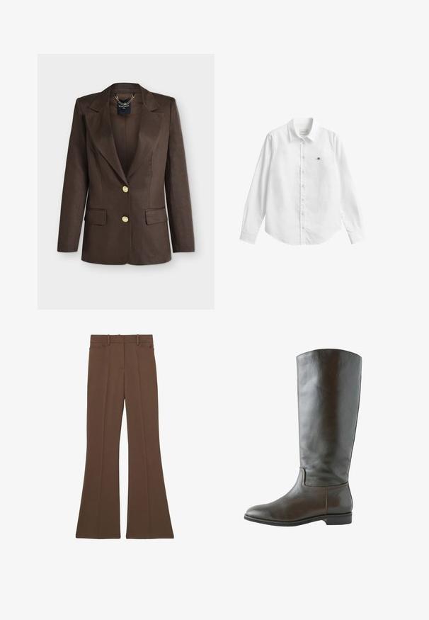 Blazer marron foncé ajusté avec larges revers, deux boutons dorés, poches à rabat et détail chaîne visible à l’intérieur du col.; Chemise blanche à manches longues avec boutons, fabriquée dans un tissu légèrement texturé. Dotée d'une poche avant avec un petit logo brodé et d'un col classique.; Pantalon évasé taille haute marron avec passants de ceinture, poches avant et coutures centrales visibles, présenté à plat sur fond blanc.; Botte en cuir marron montant, avec une texture lisse, un bout arrondi et peu de détails de couture. Semelle plate avec un petit talon.