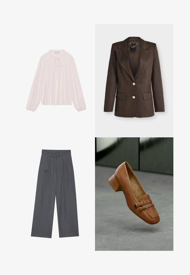 Donkerbruine op maat gemaakte blazer met brede revers, twee gouden knopen, klepzakken en een zichtbaar kettinkje aan de binnenkant van de kraag.; Lichtroze blouse met lange mouwen, een keyhole halslijn met strik, geplooide voorkant en bijeengebonden manchetten. Glad materiaal, losse pasvorm en minimalistisch ontwerp.; Wijde broek van donkergrijze stof met een ceintuur in de taille, voorzien van voorplooien en een gladde textuur. Geen extra patronen of accenten.; Bruine leren hoge hak schoen met een vierkante neus, voorzien van twee decoratieve banden en gouden hardware accenten. Gladde textuur, minimalistisch ontwerp.