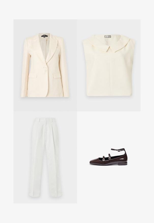 Blazer krémovej farby s jedným gombíkom, s výrezovými klopami, dvoma prednými vreckami s chlopňou a dlhými rukávmi, zobrazený na neutrálnom pozadí.; Krémovo sfarbená zložená blúzka s golierom Peter Pan a viditeľnou štítkom s nápisom "Paul & Joe" na krku.; Biele, vysoké nohavice z hladkej tkaniny, s rovnými nohavicami, plisovaným predným dielom a bočnými vreckami.; Hnedé lakované baleríny s špicatou špičkou, vybavené dvoma nastaviteľnými remienkami a striebornými prackami, a so šikmým, štvorcovým opätkom.