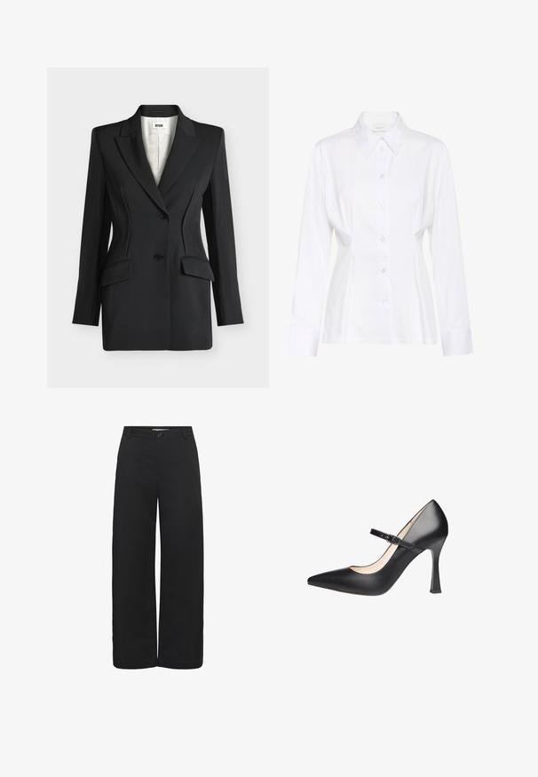 Blazer noir tailleur avec revers à crans, deux boutons devant, poches à rabat et taille cintrée sur fond blanc.; Blouse blanche à manches longues avec col pointu, taille cintrée et étiquette de marque visible "Gestuz" à l'intérieur du col.; Pantalon noir à jambes larges avec passants pour ceinture, fermeture par bouton et taille mi-haute, présenté sur fond blanc.; Escarpin Mary Jane noir en cuir avec talon haut, bout pointu, bride cheville et surface texturée. Doté d'un talon structuré pour le soutien.