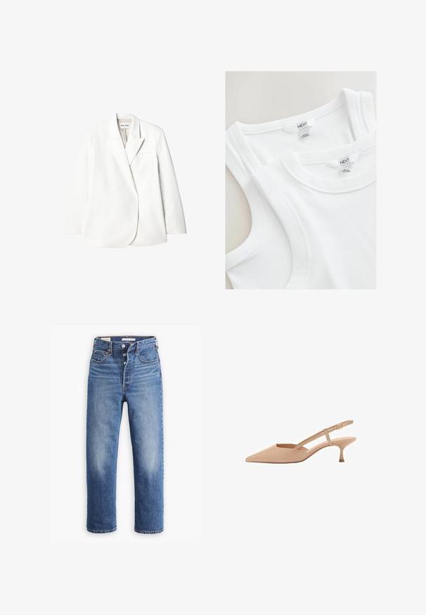 Hvid skræddersyet blazer med notch-lapper, enkelt brystlomme og lange ærmer. Glat stof med en let glans, minimalisk design.; To hvide ribstrikkede tanktops med NEXT-mærker, fremstillet i Bangladesh, vist foldet på en lys baggrund.; Blå denim jeans med høj talje, lige ben og udtværede områder. Har forlommer og metalbeslag.; Spidse nude slingback hæle med en lav kitten hæl, lavet af blankt materiale, med en slank rem og justerbar spænde.