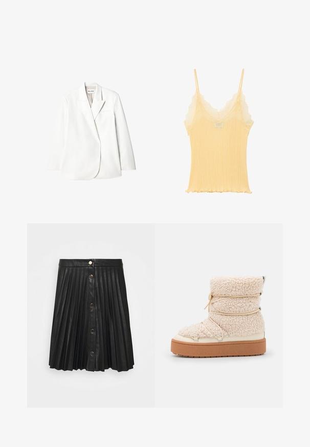 Hvid skræddersyet blazer med notch-lapper, enkelt brystlomme og lange ærmer. Glat stof med en let glans, minimalisk design.; Gul ribstrikket camisole med blondetrim langs halsudskæringen og tynde dobbelte skulderstropper, med en let flæset kant.; VILA VIAMINA SHORT BUTTON COATED SKIRT - Pliceret nederdel /Nederdele med folder - black; Chunky creme shearling ankelstøvle med tekstureret overflade, elastiske detaljer og en tyk brun platformssål. Sølvhardware detaljer præsenteres.