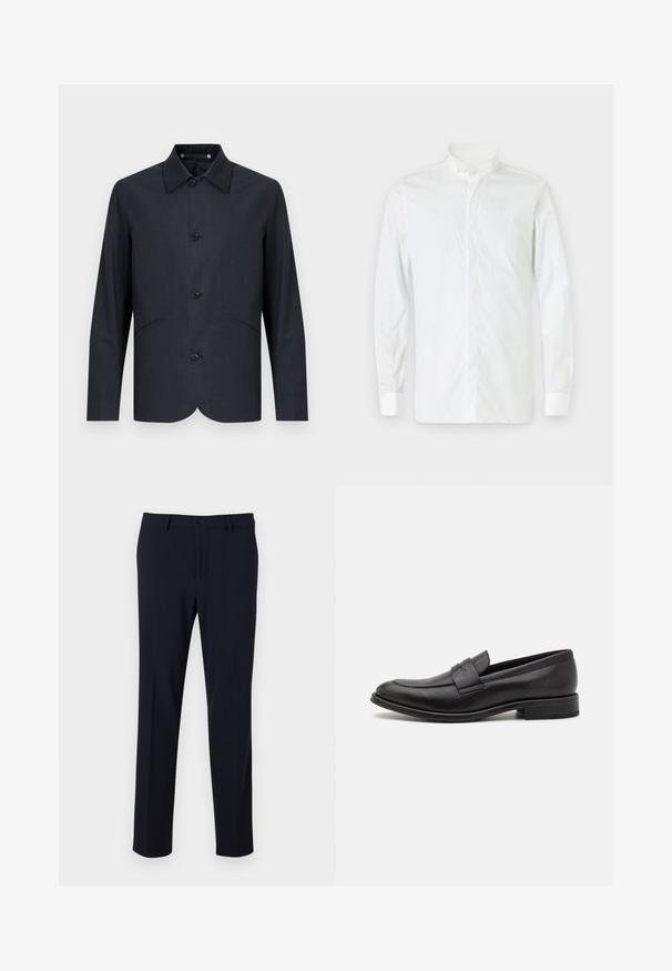 Donkerblauw jack van gladde stof, met een rechte snit, puntige kraag, zes knopen en twee voorzakken.; Wit overhemd met lange mouwen, een staande kraag, knoopsluiting en een getailleerd ontwerp. Gladde textuur, enkelvoudige knoopmanchetten en een minimalistische stijl.; Marineblauwe broeken met een gladde textuur, recht gesneden ontwerp, knoopsluiting en zijzakken; ontworpen voor een getailleerde pasvorm.; Zwarte leren loafers met een gladde afwerking, een decoratieve band over de bovenkant, een ronde neus en een lage gestapelde hak.