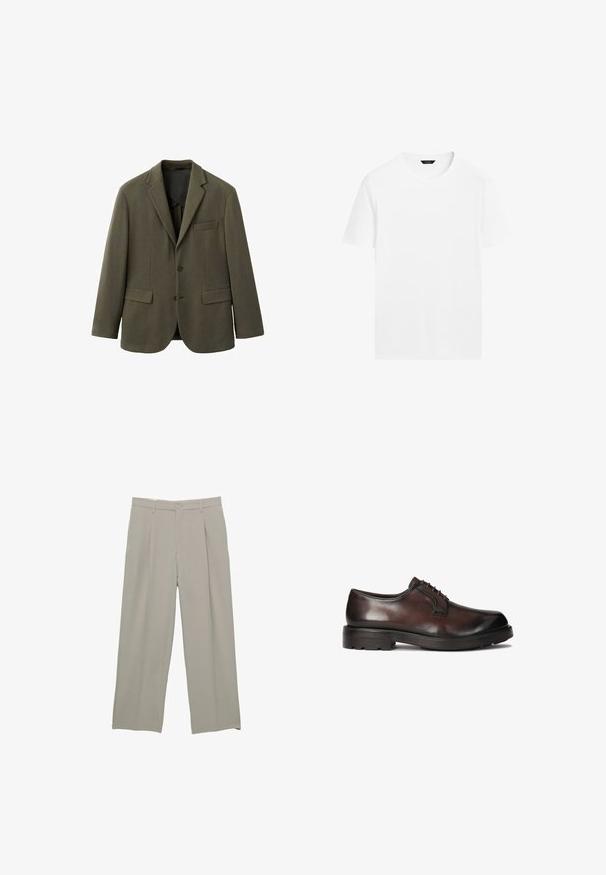 Blazer vert olive en tissu texturé, avec col à revers cranté, fermeture par un seul bouton, et deux poches avant.; T-shirt en coton blanc avec un col rond, des manches courtes et une coupe droite. Présente une texture lisse et légère, sans motifs visibles.; Pantalons larges gris clair avec une texture lisse, dotés de plis à l'avant, d'une fermeture à bouton et de poches latérales.; Chaussure habillée en cuir marron, à la finition lisse, au bout rond et au laçage. Équipée d'une semelle en caoutchouc noir robuste avec une bonne traction.