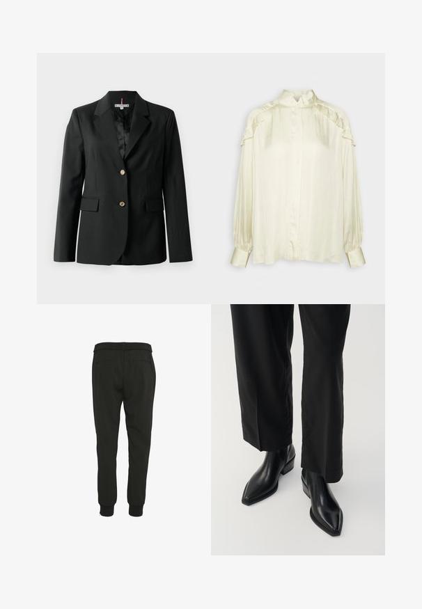 Zwarte blazer met een getailleerd ontwerp, enkel-breasted stijl, twee voorkruiken en gouden knopen. Gladde stof met een textuur aan de binnenvoering.; DAY Birger et Mikkelsen COURTNEY MODERN DRAPE - Overhemdblouse - cloud cream; Zwarte broek met een taps toelopend ontwerp, voorzien van een elastische tailleband, ribbels aan de mouwen en twee achterzakken. Glide textuur, geen zichtbare patronen.; Zwarte leren enkellaarzen met een spitse neus, een gladde textuur en een vierkante hak. Gecombineerd met zwarte, wijde broekspijpen, wat een stijlvolle silhoutte creëert.