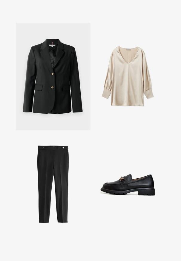 Sort blazer med en skræddersyet design, enkeltbrystet stil, to forlommer og gyldne knapper. Glat stof med en tekstureret indvendig foring.; Beige satinbluse med dyb V-udskæring, lange puffærmer og tætsiddende manchetter. Glat tekstur og minimalistisk design.; Sorte skræddersyede bukser med en glat tekstur, der har to frontlommer og en talje med to runde sorte knapper.; Sort læder loafersko med rund tå, dekorativt guldsmykke og en robust gummisål med et struktureret grebmønster.