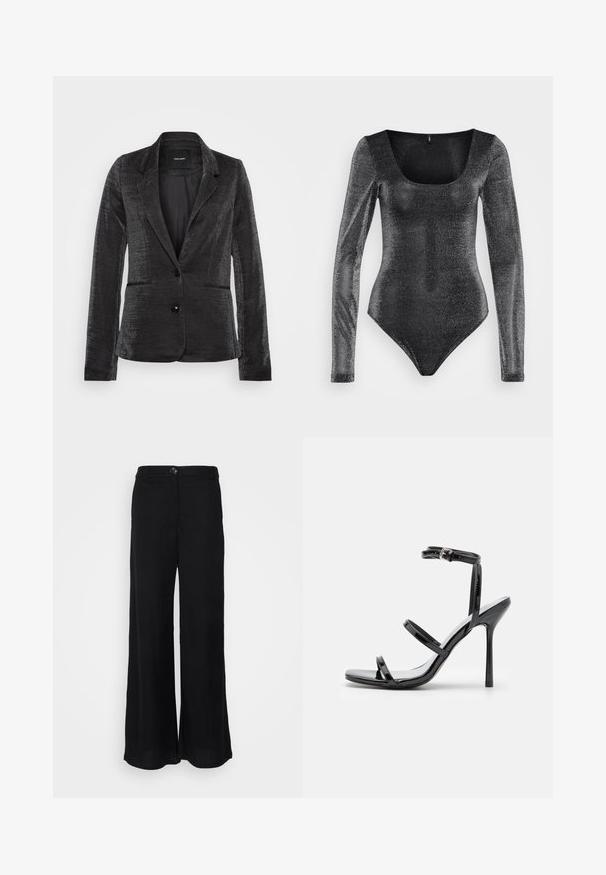 Sort blazer i tekstureret stof, enkeltknaplukning, to frontlommer og et klassisk reversdesign med en glat indvendig foring.; Sort langærmet bodysuit med en scoop-neckline, lavet af glitrende tekstureret stof. Den har en tætsiddende pasform og højt skårne benåbninger.; Sorte bukser med bred ben, lavet af letvægtsstof, der har en glat tekstur, frontknaplukning og sidelommer.; Sorte patentlæder højhælede sandaler med tre horisontale stropper og en justerbar ankelstrop. Elegant silhuet og skinnende finish.