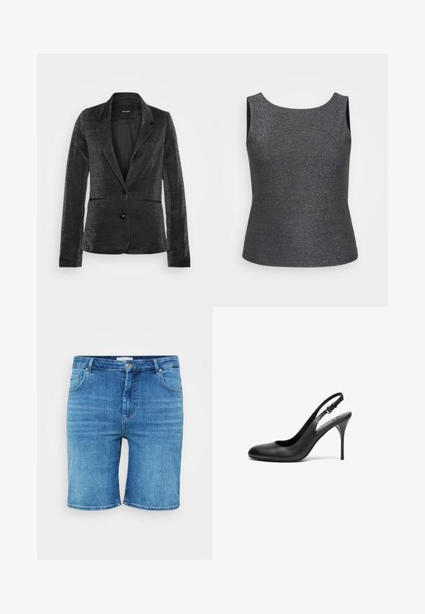 Sort blazer i tekstureret stof, enkeltknaplukning, to frontlommer og et klassisk reversdesign med en glat indvendig foring.; Ärmeloses top i mørkegrå med metallisk glans, med en rund halsudskæring og en tætsiddende form, lavet af et struktureret stof.; Denim shorts i mellemblå farve, med lige snit, fem-lomme design og knaplukning. Blød tekstur, rene kantede kanter.; Sort læder slingback pumper med spids tå, tynd stiletto hæl og justerbar rem. Glat tekstur og minimalistisk design.