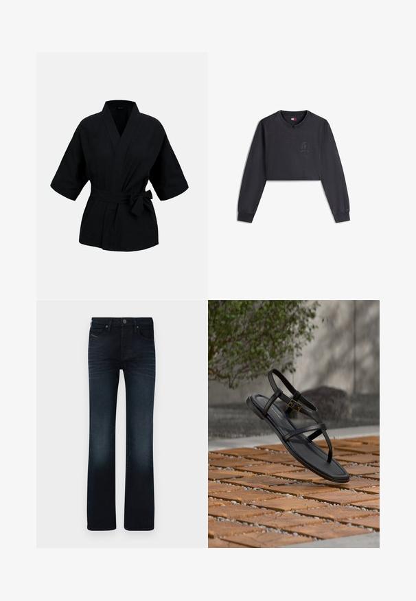 Chaqueta cruzada estilo kimono negra con mangas anchas de tres cuartos y cinturón atado en la cintura sobre un fondo liso.; Camiseta negra recortada de manga larga con escote en V, que presenta una tela texturizada y un pequeño logo en el pecho. Las mangas acampanadas completan el diseño.; Jeans de mezclilla azul oscuro, con un diseño de pierna recta, cinco bolsillos y un sutil desgaste en los muslos y la parte inferior de las piernas.; Sandalia plana negra con tiras y hebilla dorada flotando sobre un suelo con patrón de ladrillos y guijarros, al aire libre cerca de vegetación.