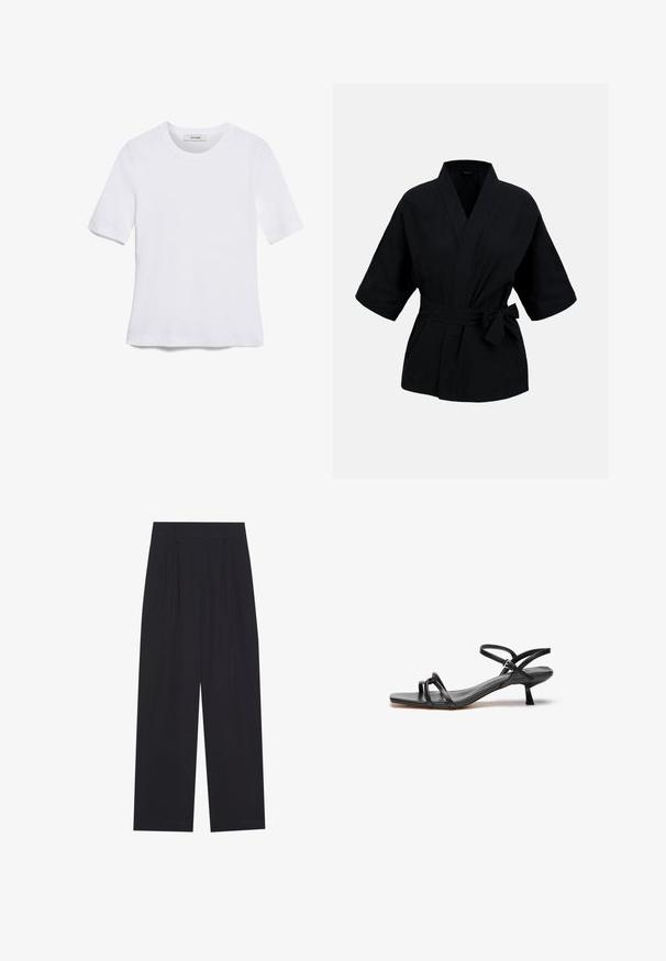 Zwarte kimono-stijl wikkeljas met brede driekwartmouwen en een gestrikte riem in de taille op een effen achtergrond.; Witte korte mouwen t-shirt van ribstof. Ronde halslijn, normale pasvorm en subtiele stiksels. Geen patronen of grafische elementen.; Zwarte wijde broeken gemaakt van een soepele stof, met plooien, een platte tailleband en zonder zichtbare zakken of versieringen.; Zwarte leren sandaal met een slank, minimalistisch ontwerp. Heeft twee dunne banden en een kleine, schuine hak. Gladde textuur en open teen.