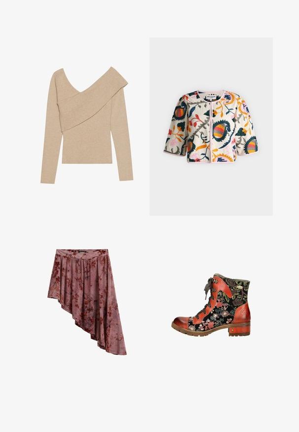 Valge jakk suurte värvikate lillelist tikandiga ja kolmeveerandvarrukatega, ümara kaelusega ning ees nööpidega kinnitatav.; Even&Odd by Zalando Džemper - mottled beige; Asümmeetriline lavendlivärvi seelik punase lillemustriga, kogutud vöökoha ja ebaühtlase helega, mis on paremal pool pikem.; Pitsilised nööritavad pahkluu saapad mustast lillemustriga kangast, oranžade nahkdetailidega, ümmarguse varbaga ja 3 cm plokknähtudega. Omab mustrilist nöörimist.