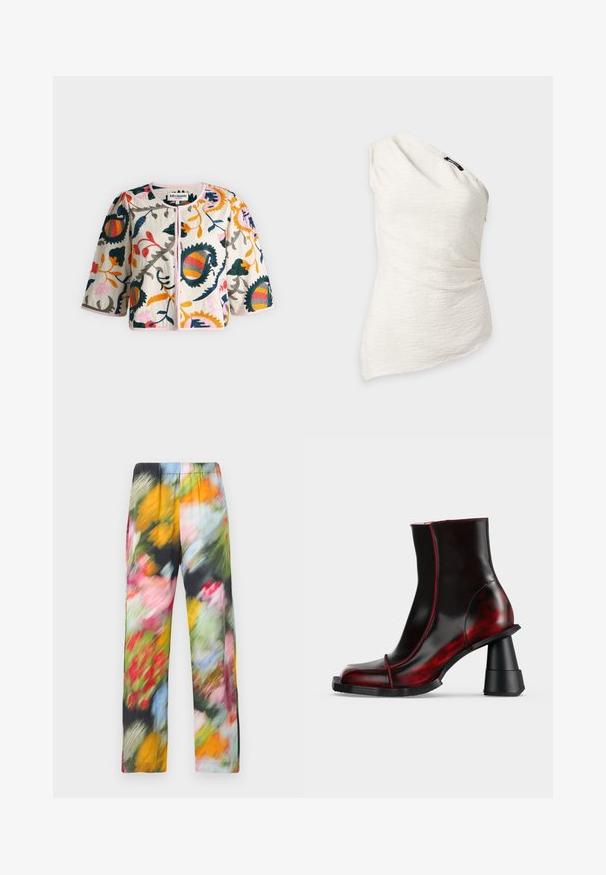 Veste blanche avec une grande broderie florale colorée, manches trois-quarts, col rond et fermeture boutonnée devant.; Haut blanc asymétrique à une épaule, texturé, sans manches, avec un léger froncé et une petite étiquette noire de marque près de l'encolure.; Pantalons légers à motif floral avec une taille élastique, comportant un mélange de couleurs vives incluant le rose, le jaune, le vert et le bleu.; Bottine noire et rouge foncé brillante avec talon épais géométrique et bout carré, présentée sur un fond clair uni.