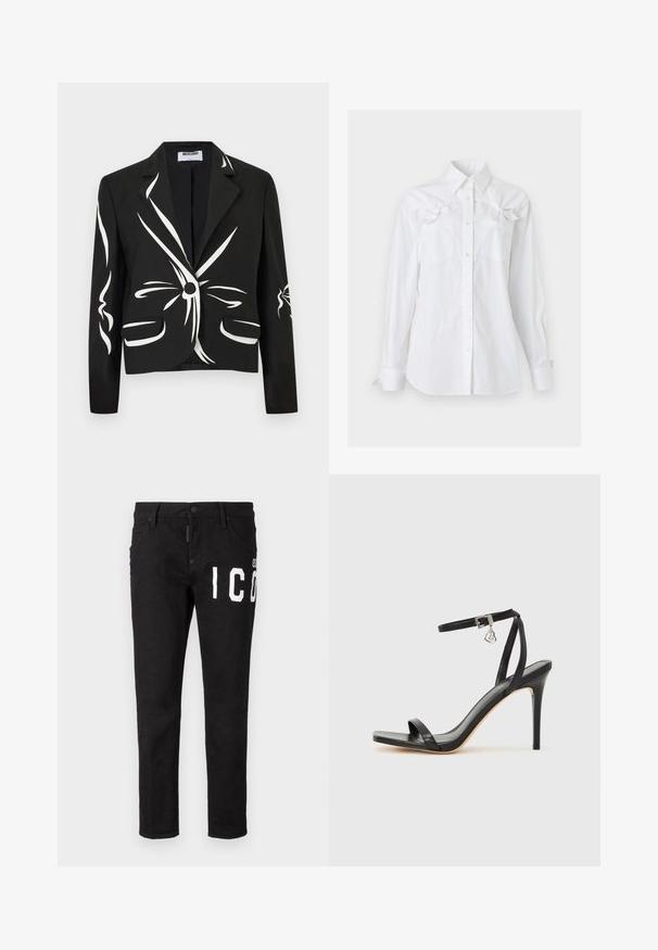 Μαύρο tailored σακάκι με λευκά αφηρημένα μοτίβα βουρτσισμάτων, κλείσιμο με ένα κουμπί, γιακάδες με σχισμές και εμπρόσθιες τσέπες με καπάκι.; Λευκό πουκάμισο με μακριά μανίκια, γιακά και δύο τσέπες στο στήθος, κάθε μία με διακοσμητικό φιόγκο κοντά στο πάνω μέρος.; Μαύρα τζιν παντελόνια με στενή εφαρμογή. Περιλαμβάνουν λευκό γραφικό κείμενο στο μπροστινό μέρος, πέντε τσέπες και κούμπωμα με κουμπί. Λείος μ.User.υφασμά.; Μαύρο σανδάλι με ψηλό τακούνι, στενό λουράκι στον αστράγαλο, τετράγωνη μύτη, υλικό από λείο δέρμα και μεταλλικό διακοσμητικό πόρπη.