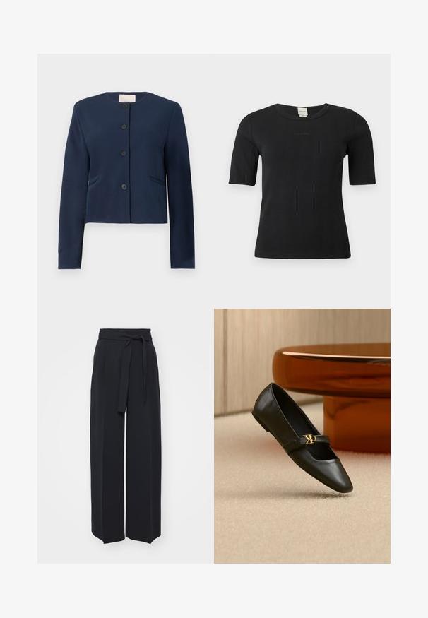 Marineblaues langärmliges, kragenloses Jacket mit vier schwarzen Knöpfen und zwei seitlichen Schlitztaschen, taillierte Passform.; Schwarzes, geripptes Calvin Klein Kurzarmoberteil mit Rundhalsausschnitt und dezentem, auf der Brust aufgesticktem Logo vor einfachem Hintergrund.; Schwarze weite Hosen aus weichem Stoff. Mit einem Gürteltäfelchen und vorderen Falten. Glatte Textur mit einem klaren, modernen Design.; Schwarzer flacher Lederschuh mit spitzer Kappe und goldenem CK-Logo auf dem Riemen, auf beigem Teppich neben einem runden bernsteinbraunen Tisch platziert.