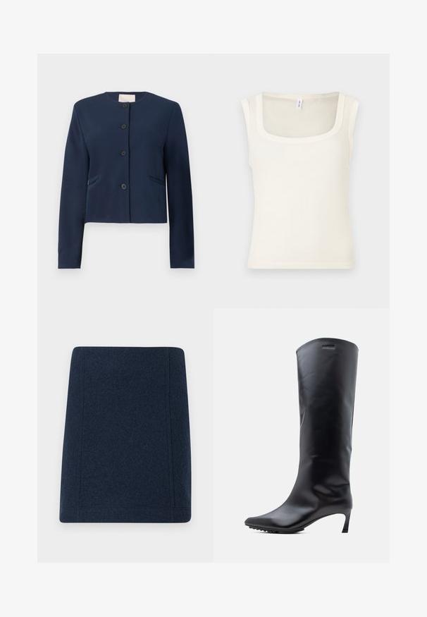 Navyblauwe colberloze jas met lange mouwen, vier zwarte knopen en twee zijzakken, op maat gemaakt.; Crèmekleurige mouwloze tanktop met een vierkante halslijn, geribbelde textuur en een aangesloten pasvorm. Gladde stof met strakke, rechte randen.; Marineblauwe wollen minirok met een rechte vorm, platte naden en een gladde textuur. Geen zichtbare patronen of versieringen.; Zwarte leren laars tot aan de knie met een puntige neus en een slanke, hoge hak. Gladde textuur met minimale hardware en een merklogo vlak bij de bovenkant.