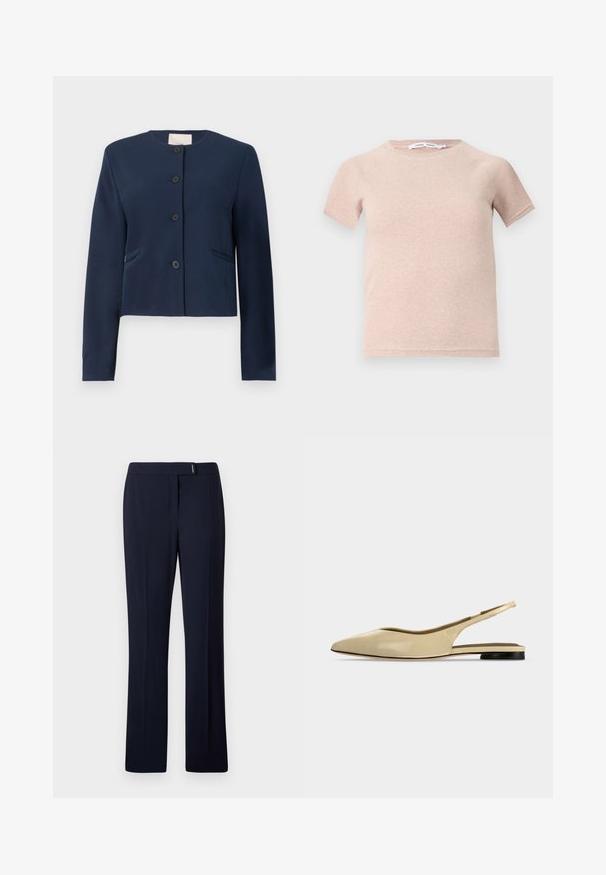 Navyblauwe colberloze jas met lange mouwen, vier zwarte knopen en twee zijzakken, op maat gemaakt.; Lichtroze t-shirt met korte mouwen van ribstof, met een ronde halslijn en een comfortabele pasvorm. Eenvoudig en naadloos ontwerp.; Navyblauwe op maat gemaakte broeken van een gladde stof, met een platte voorkant, rechte pijpen en een subtiele zilveren accent bij de taille.; Beige platte slingback schoen met puntige neus, lage zwarte hak en een glad leren afwerking, zijaanzicht op een effen achtergrond.