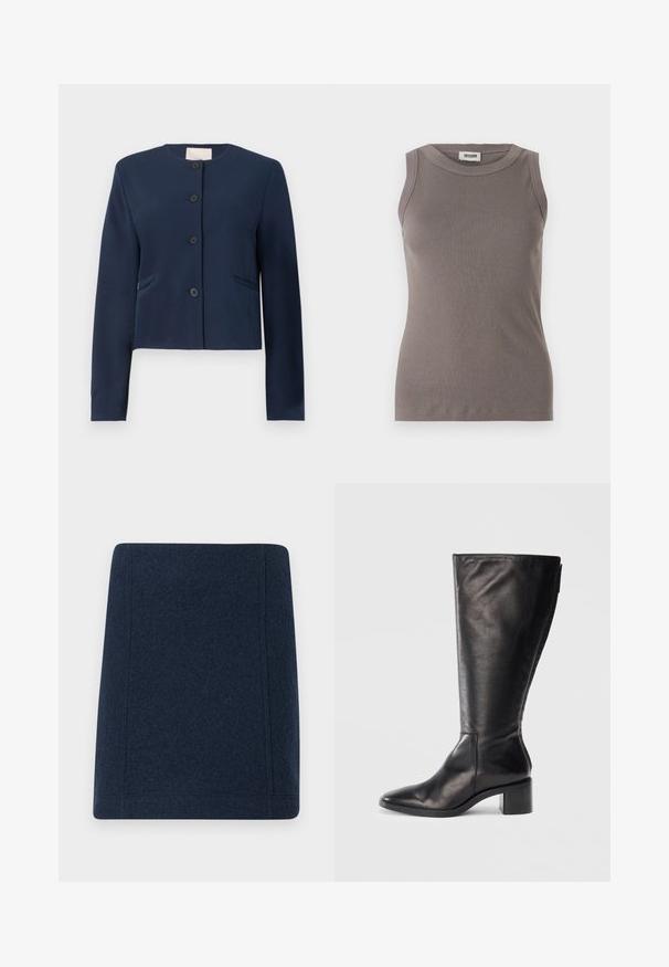 Veste col montant à manches longues bleu marine, sans col, avec quatre boutons noirs et deux poches latérales fentes, coupe ajustée.; Débardeur gris côtelé avec un col rond et un design sans manches, fabriqué à partir d'un tissu doux et texturé. Silhouette simple et ajustée.; Jupe mini en laine bleu marine avec une coupe droite, des coutures plates et une texture lisse. Sans motifs ni ornements visibles.; Botte noire en cuir montante, avec un bout carré, un talon large et un design épuré. Texture lisse avec une fermeture éclair sur le côté pour un enfilage facile.