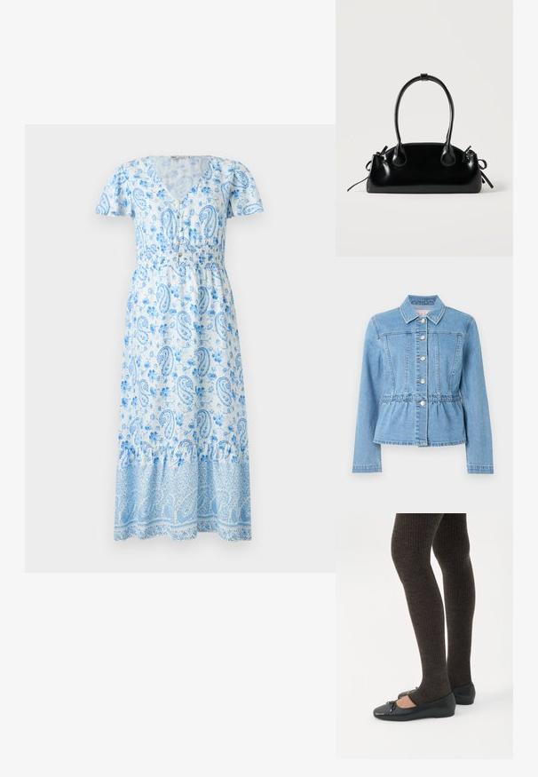 Veste en denim bleu clair avec une taille cintrée, des manches longues, un col et sept boutons argentés. Comprend des détails de couture à l'avant et une taille froncée.; Robe maxi bleue à motif paisley avec de courtes manches bouffantes, en V, taille élastique et une jupe à volants. Le tissu présente des motifs floraux.; Jambes portant des leggings côtelés foncés associés à des ballerines noires avec de petits détails en nœud sur fond blanc.; Petit sac à main noir brillant avec deux longues anses et des détails à cordon sur les côtés sur un fond clair uni.