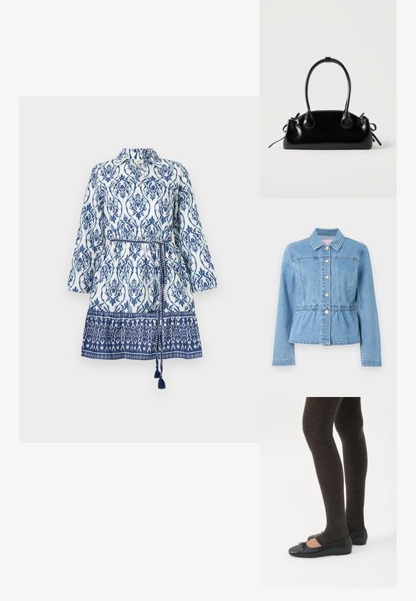 Chaqueta de mezclilla azul claro con cintura ajustada, mangas largas, cuello y siete botones plateados. Incluye costuras delanteras detalladas y cintura fruncida.; Vestido blanco con estampados florales y geométricos en azul, diseño con cuello, mangas largas, cintura ceñida y parte inferior con estampado y detalles de borlas.; Piernas con leggings oscuros acanalados combinados con bailarinas negras que presentan pequeños detalles de lazo sobre un fondo blanco.; Pequeño bolso negro brillante con dos asas largas y detalles de cordón lateral sobre un fondo claro liso.