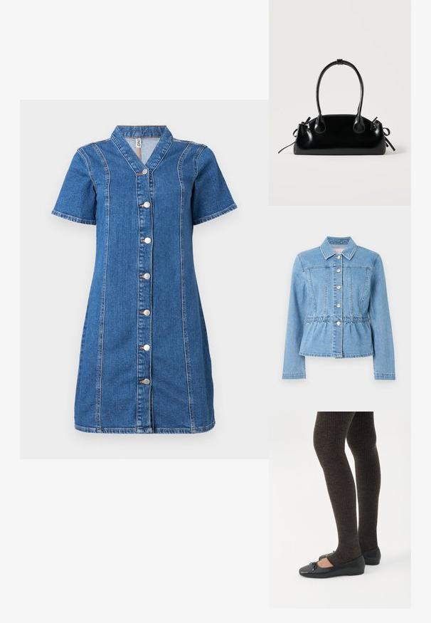 Veste en denim bleu clair avec une taille cintrée, des manches longues, un col et sept boutons argentés. Comprend des détails de couture à l'avant et une taille froncée.; Robe en denim à boutons avec des manches courtes, présentant un col, des détails de coutures verticales et cinq boutons argentés sur le devant.; Jambes portant des leggings côtelés foncés associés à des ballerines noires avec de petits détails en nœud sur fond blanc.; Petit sac à main noir brillant avec deux longues anses et des détails à cordon sur les côtés sur un fond clair uni.
