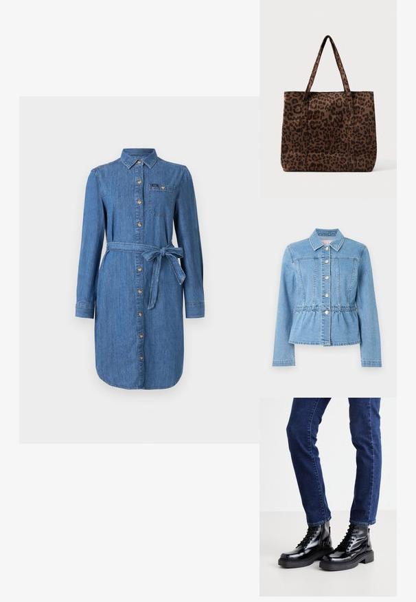 Chaqueta de mezclilla azul claro con cintura ajustada, mangas largas, cuello y siete botones plateados. Incluye costuras delanteras detalladas y cintura fruncida.; Vestido de camisa de denim con mangas largas, botones en el frente, bolsillo en el pecho y cinturón atado en la cintura en un lavado azul medio.; Botas de tobillo lacadas y brillantes negras con suela gruesa, que presentan una textura suave y punteras redondeadas, llevadas con jeans ajustados de color azul oscuro.; Bolso de mano marrón con un patrón de leopardo en tonos marrón oscuro y negro y dos asas largas sobre un fondo blanco.